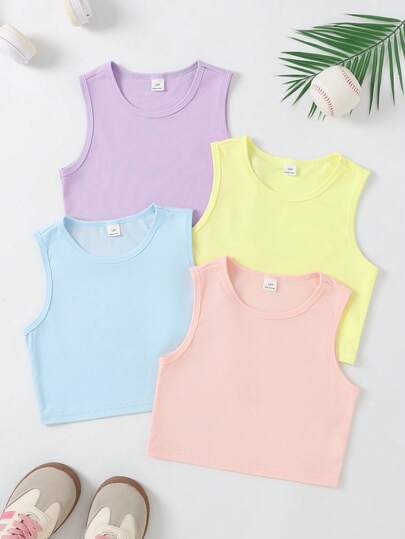 SHEIN Áo tank top dệt kim gân màu trơn dáng thường ngày dành cho bé gái tuổi teen