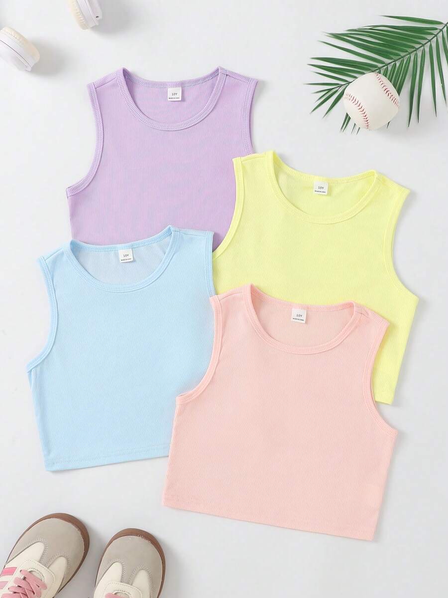 SHEIN Sparklyn Tween Girls' Casual Solid Color Knit Ribbed Tank Top - Multicolor - View 1