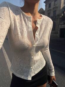 DAZY Stylish Round Neck Long Sleeve Lace Jacquard Loose Cropped Cardigan Blouse For Women - Beige - View 9