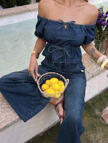 DAZY Women's Summer Off Shoulder Short Sleeve Tie-Up Denim Top And Loose Wide-Leg Pants Casual Vacation Denim Set - Dark Wash - View 8