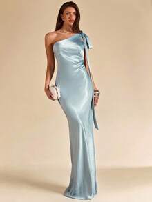 SHEIN BAE Đầm satin màu xanh băng giá với thiết kế cổ bất đối xứng, thanh lịch, thích hợp cho khách dự đám cưới, phù dâu hoặc các buổi tiệc xã giao. - Màu xanh lam - Xem 2