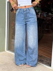 Sunnyshic Women's Pocket Button Casual Versatile Daily Wear Wide Leg Jeans - Blue - View 4