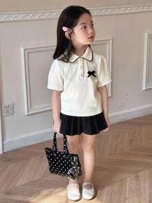 DAZY Young Girls Bow Collar Button Half Placket T-Shirt Summer - Beige - View 5