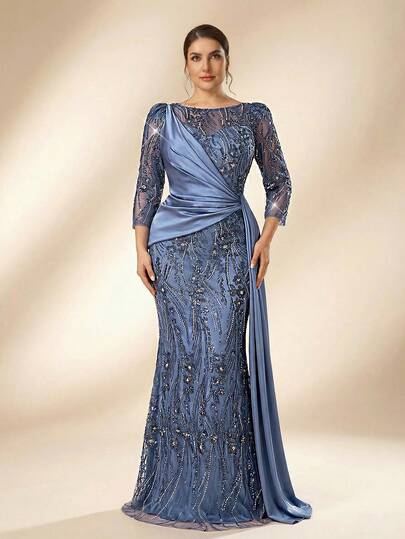 Serin Plus Size Elegant Romantic Hazy Blue Round Neck Short Sleeve Luxury Sequins Embellished Elastic Knit Ruched Mermaid Hem Dress, Suitable For Wedding, Party, Celebration, Formal Evening, Mother Of The Bride Gown