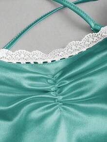 Sweetra Đầm dự tiệc nữ mùa thu mới kiểu vintage gợi cảm, ôm sát, chất liệu satin bóng, viền ren, xếp lớp, cổ khoét sâu, dây mảnh, màu hồng đa năng. - màu xanh lá - Xem 6