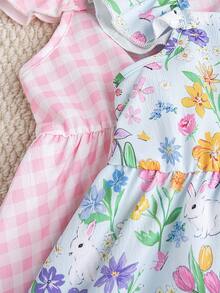 Souflis Souflis 2pcs/Set Toddler Girls' French Style Plaid & Floral Print Ruffle Sleeve Button Front Dress, Cute Summer Holiday Outfit Dresses For Girls - Multicolor - View 4