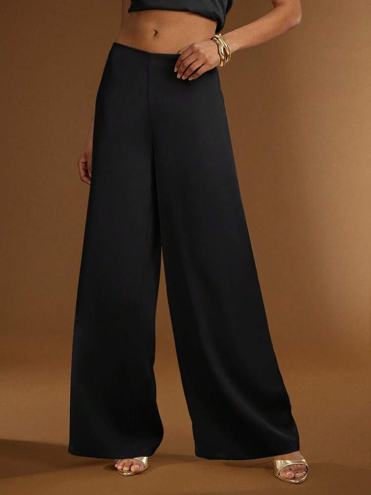 SHEIN Haute 女士简约日常外出性感优雅阔腿象牙色缎面裤 - 黑色 - 查看 2