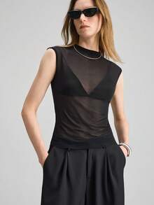 Women's Stand Collar Mesh Sheer Sexy T-Shirt For Dates & Outings,Summer Top - Black - View 3