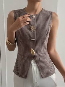 DAZY Randig metallväst med enkelknäppning för kvinnor - Kaffebrun - Visa 3