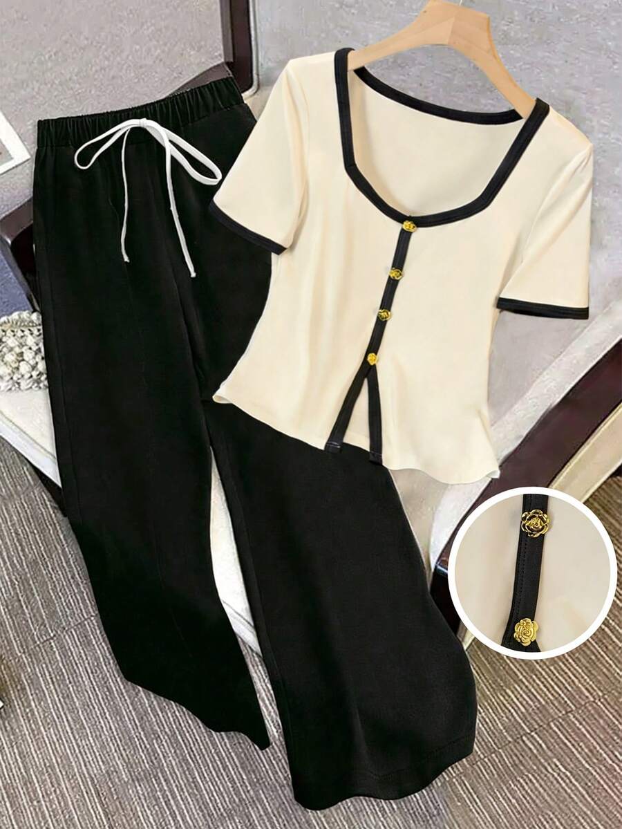 GlowEve Women's Floral Button Trim Short Sleeve T-Shirt And Pants Casual 2 Pieces Set - Multicolor - View 1