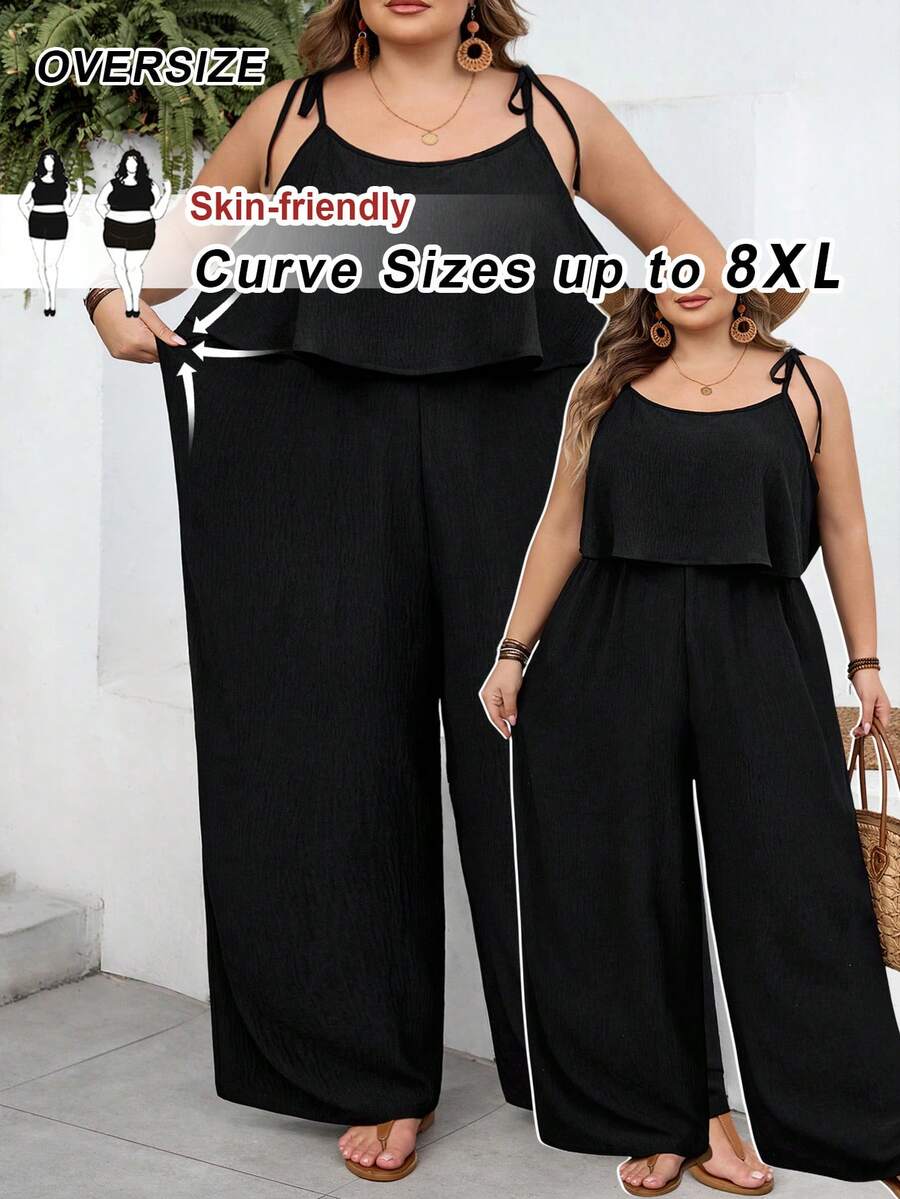 SHEIN CURVE+ Curve 尺码 US22 音乐节、海滨度假、波西米亚风女士休闲度假纹理纯色连体裤 - 黑色 - 查看 1
