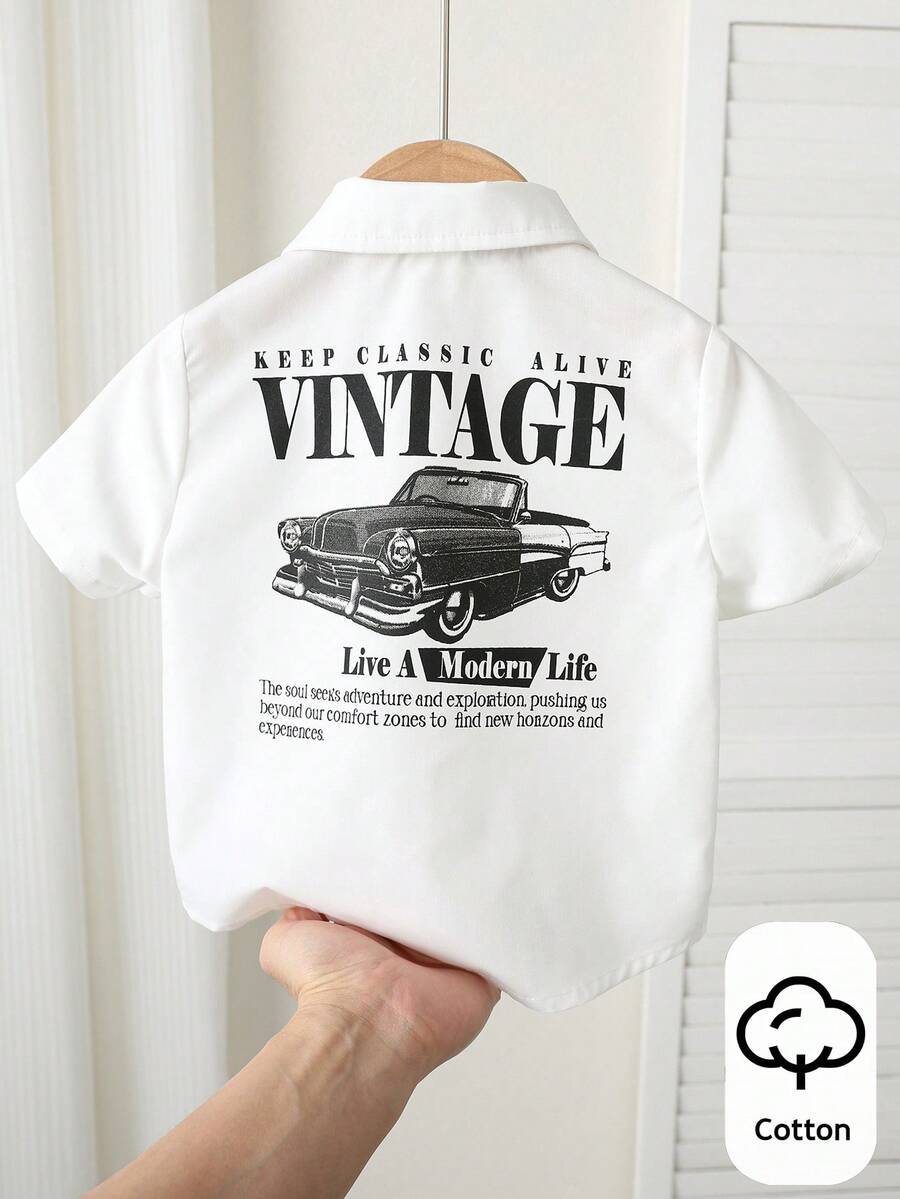 SHEIN Baby Boy Girl Casual Loose Fit Short Sleeve White Shirt,Funny Graphic Cars Print Summer Vacation Top Suitable For Spring,Daily Wear,Travel