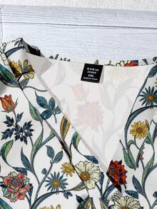 Mellowie 休闲简约度假风优雅复古树叶花卉印花图案，沙滩/度假装扮，夏季外出女式V领纽扣喇叭袖大码衬衫 - 彩色 - 查看 3