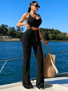 RueChic Crochet Jacquard Cami Top & Cover Up Set - Black - View 6