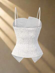 Elenzga 女士春夏新款法式复古优雅通勤休闲日常白色吊带背心，腰部收紧，侧边开衩，高品质纹理面料 - 白色 - 查看 2