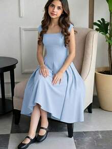 少女优雅无袖宽肩带腰部褶皱喇叭连衣裙，新年礼服，派对礼服，少女正式礼服 - 淺藍色 - 查看 6