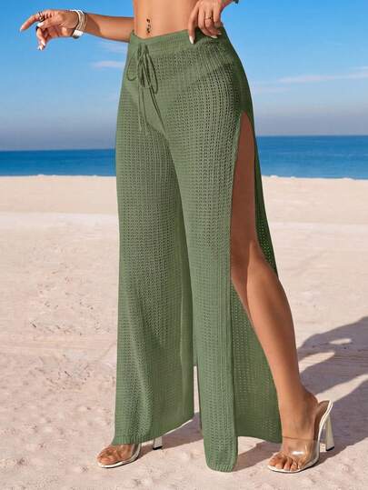 Swim Vcay Women's Solid Color Knit Cover-Up With Side Slit & Pants, Vacation/Beach
