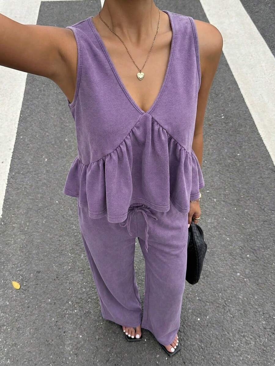 Muchica Bộ đồ nữ cổ chữ V nhuộm màu tím nhạt kiểu vintage gồm áo tank top và quần dài, thích hợp cho mùa hè. - Màu tím - Xem 1