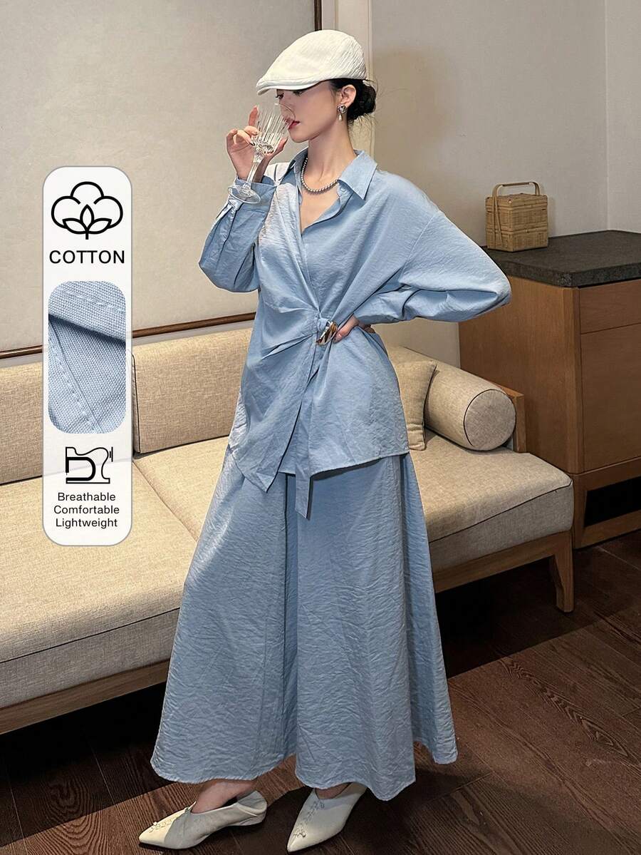 DAZY Camisa asimétrica con lazo de unicolor casual para mujer, primavera - Azul - Ver 1