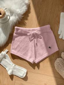 Comfortcana Women's Casual Pink Bodycon Mini Sweater Pants, Small Logo Embroidery,Fall - Pink - View 6