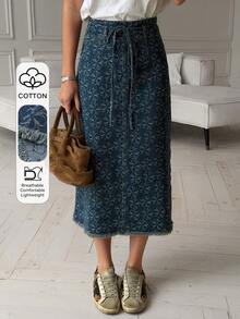 Livesso 春夏印花收腰裹身裙，优雅休闲通勤牛仔裙，高开衩流苏裙摆 - 深色水洗藍 - 查看 1