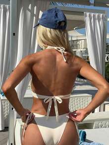 Swim SXY 女士春夏网纱背心吊带比基尼碎花泳衣套装，性感沙滩泳装 - 杏色 - 查看 2