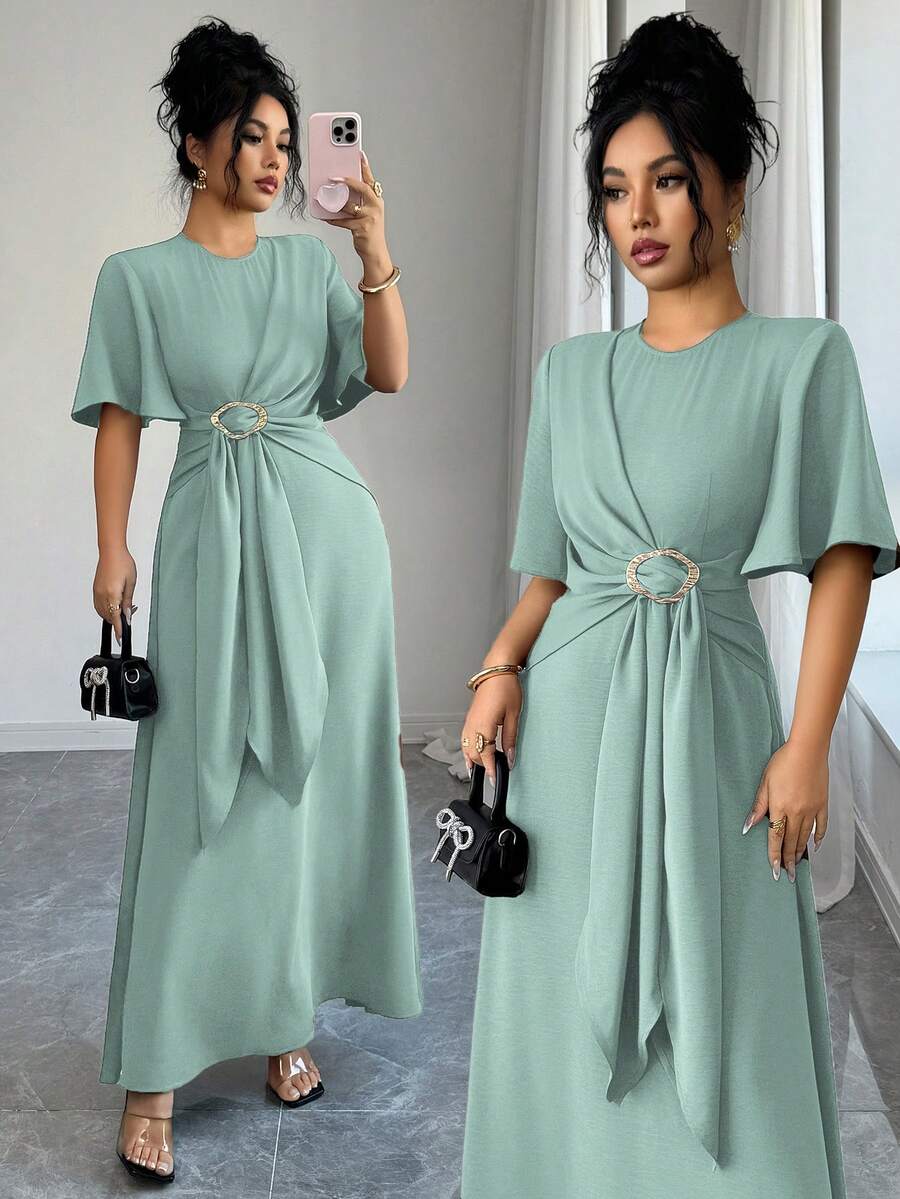 Elenzga Đầm maxi dài tay dáng chữ A cổ tròn thắt dây chéo màu trơn thanh lịch dành cho nữ, thích hợp cho mùa xuân, thu, đông, đi làm, nghỉ mát, tiệc trà chiều, dự tiệc. Đầm nữ, đầm công sở, đầm nữ chất lượng cao, đầm thường ngày dành cho nữ. - Màu xanh bạc hà - Xem 1