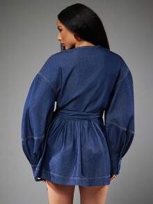 Dress Wrap Detail Balloon Sleeve V-Neck Knotted Waist Ruched Casual Everyday Vacation Denim Club Spring Break Spring Summer Vacation Travel Beach Event Party Luxury Kings Day Going Out Boho Outfits For Women - Dark Wash - View 2