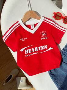 SHEIN Camiseta de manga corta de punto con bloqueo de color informal para bebé/niña pequeña unisex, top de punto - Rojo - Ver 5