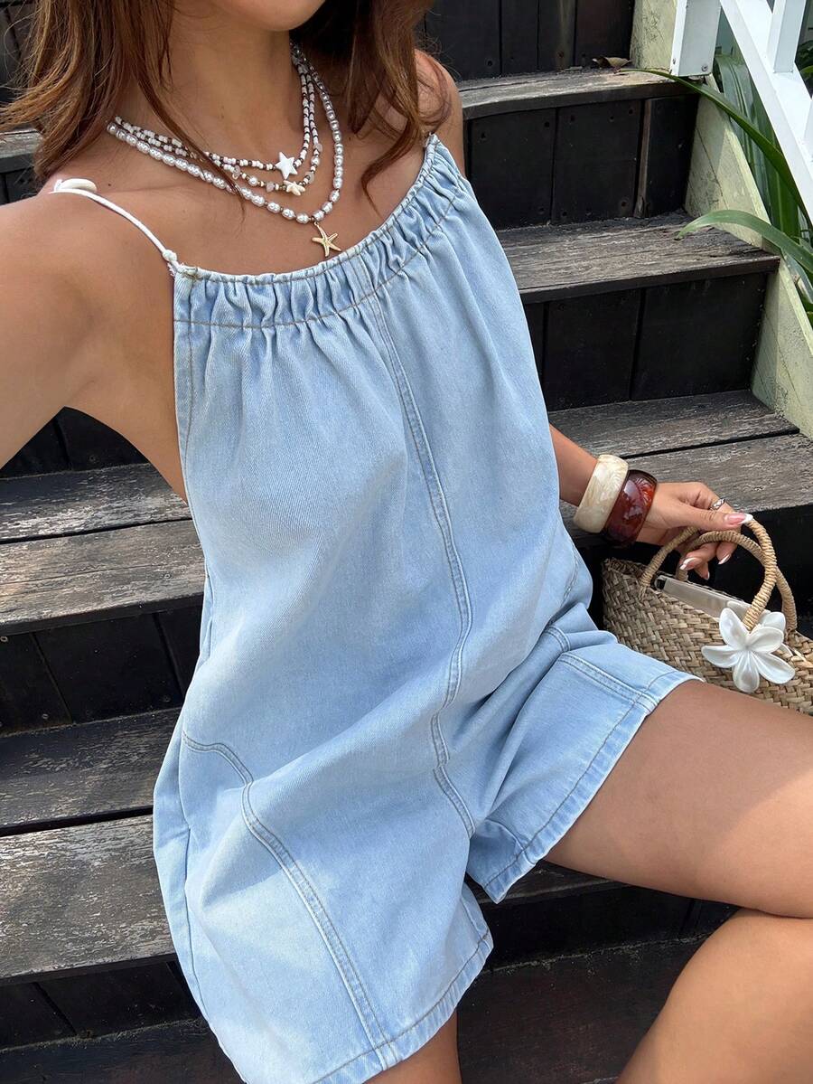 Sunnyshic Women's Vacation Pocket Loose Casual Strap Denim Jumpsuit - Blue - View 1