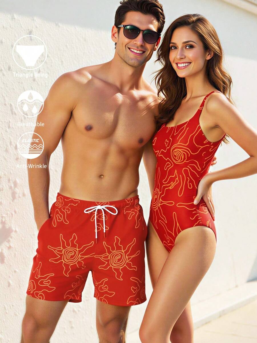 Manfinity Swimmode Men's All-Over Print Slant Pocket Drawstring Waist Beach Shorts Men Swim Trunks Couple Couples Bathing Suit Sets His And Hers Swim Suit Sets Beachwear Matching Couple - Red - View 1