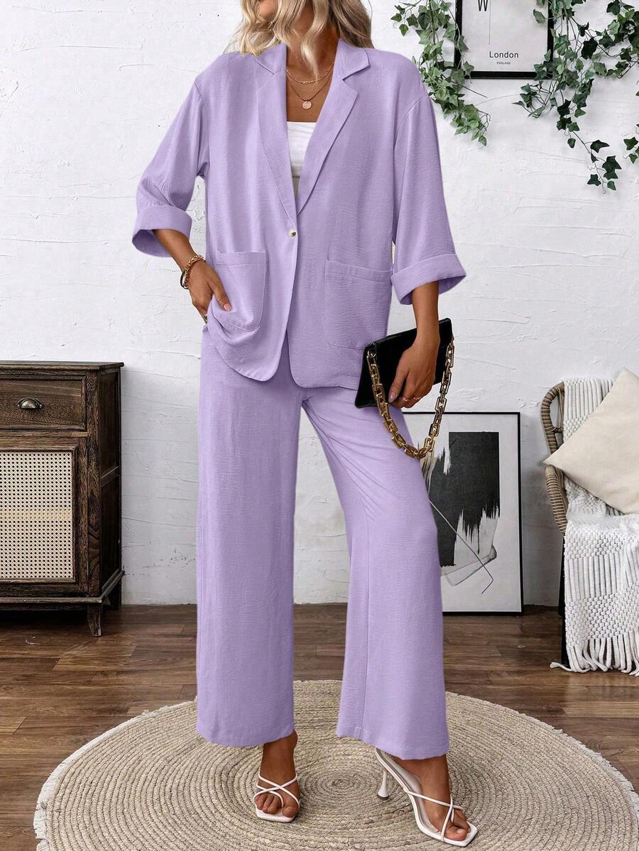 Breezaya Bộ vest áo khoác và quần chất liệu giả vải lanh, kiểu dáng thường ngày. - Màu tím - Xem 1