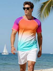 Manfinity Swimmode Áo chống nắng tay raglan phối màu chuyển sắc dành cho nam, đồ bơi mùa hè. - Màu Cam san hô - Xem 4