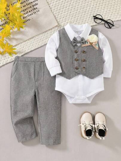 SHEIN 3pcs Newborn Baby Boy Gentleman Outfit Set: Casual Vest, Long Sleeve Shirt Romper, Casual Pants. Suitable For Birthday Party, Rave, Evening Party, Performance, Wedding, 1 Month Celebration, 1 Year Old Party, Wedding Guest, Baby Shower, Christening