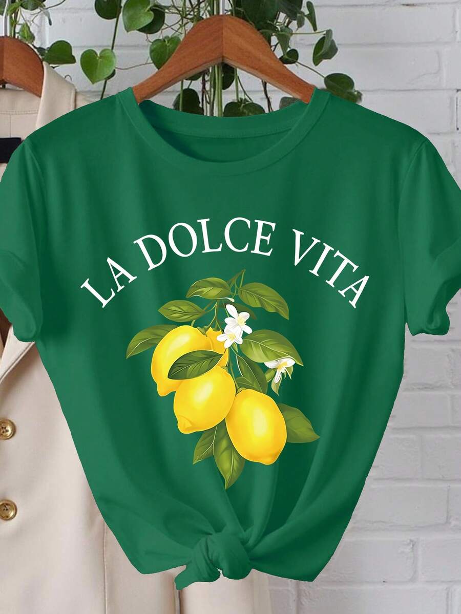Women's Letter & Lemon Print Round Neck Short Sleeve Casual T-Shirt - Green - View 1