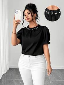 GlowEve CURVE Plus Size Women's Black Summer Elegant Dinner Shirt,Short-Sleeved French Temperament Workplace Light Sleeve Blouse Tops For Women - Black - View 5