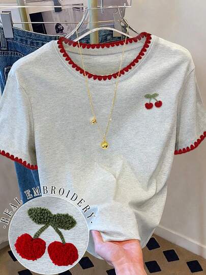 Resyla Áo thun nữ thời trang thường ngày cổ tròn vai rớt thêu họa tiết vỏ sò, áo thun thêu hoa anh đào, áo thun thêu họa tiết khăn hoa anh đào, áo thun thoải mái mặc ngoài trời, áo thun mặc được cả bốn mùa, áo thun họa tiết trái cây.