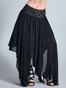 ROMWE Goth Metal Rivet Asymmetric Hem Maxi Skirt - Black - View 3