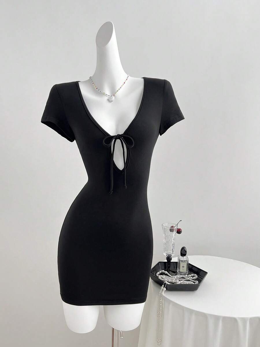 Elamini Deep V-Neck Tie Waist Black Mini Dress, Casual For Spring/Summer - Black - View 1