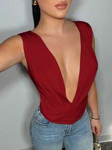 SHEIN SXY Women's Solid Color Deep V-Neck Ruched Sexy Versatile Date Night Blouse,Red Top Red Plunging Top Red Revealing Top Deep V-Neck Top Plunging Neckline - Red - View 5