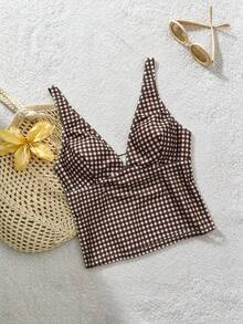 Elavelle 女士随机印花深V领吊带比基尼上衣，春夏款 - 咖啡棕 - 查看 5