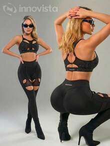 Innovista Pantalones de baile ajustados de cintura alta con parches de malla hueca de unicolor de talla estándar - Negro - Ver 2