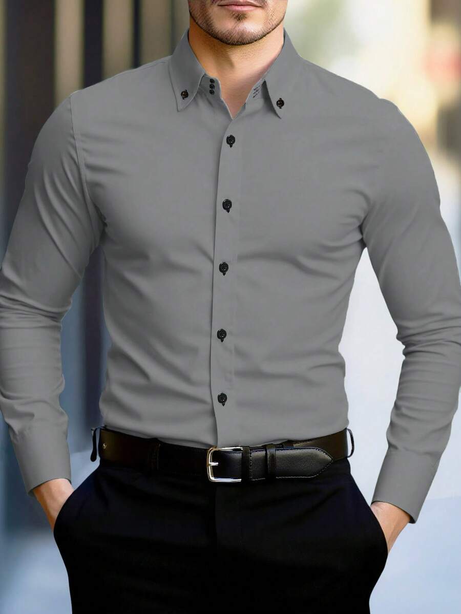 Manfinity Mode Camisa casual de vestir de manga larga y un solo abotonadura de unicolor para hombre - Gris - Ver 1