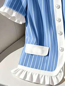 SHEIN Ladiora Women's Round Neck Blue And White Striped Contrast Color Short Sleeve Shirt - Blue and White - View 4