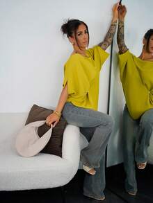 SAYEHFBABY 优雅、日常休闲百搭，性感斜肩设计，不对称剪裁，落肩袖，腰部褶裥，绿色女士春夏上衣，衬衫，不对称肩部上衣，单肩上衣，蝙蝠袖上衣，单肩夏季上衣，黄色上衣 - 綠色 - 查看 5