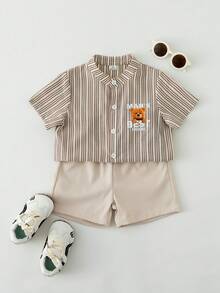 SHEIN Genkimix Kids 2pcs/Set Toddler Boys' Outfit,Khaki Striped Bear Print Short Sleeve Shirt+Solid Shorts,Linen Summer,Family Matching Retro Casual Suit For 7 Years Old - Multicolor - View 5