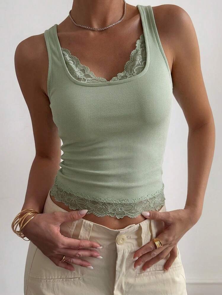 Spring & Summer Green Casual Street Hollow Lace Patchwork Slim Fit Camisole For Wedding, Party, Valentine's Day