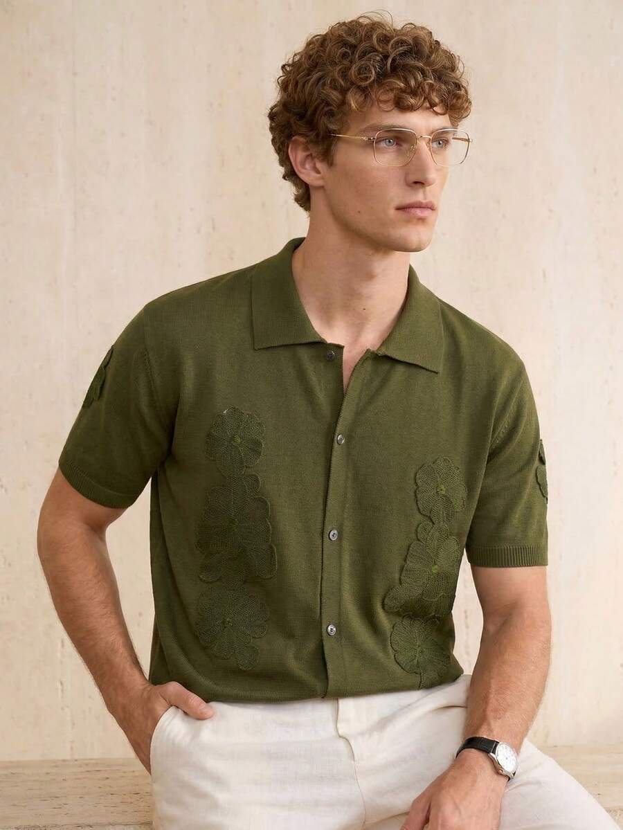Manfinity CityGents Men's Casual Button-Up Short Sleeve Knit Top Men's Polo Shirt Men's Button Up Shirt - Army Green - View 1