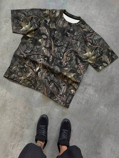 Manfinity EMRG Men's Summer Casual Brown Green Grey Black Khaki Lizard Reptile Gecko Chameleon Tree Branch Bark Vine Twig Nature Forest Jungle Camouflage Camo Animal Wildlife All Over Print Graphic Print T-Shirt Vintage Streetwear Goth Gothic Dark Style Y2K 2000s Style Hip Hop Urban Going Out Club Party ConcerMen's Summer Street Camo Short Sleeve T-Shirt, Deep Green & Brown Jungle Hunting Print Casual Outdoor Tee. Vintage Gothic Camo T-Shirt With Plant Print, American Street Style For Daily, Holiday, Gathering