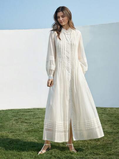 Ontre Women's Ivory Embroidered Fabric Fitted Silhouette Dropped Shoulder Long Sleeve V-Neck Dress, Modern Elegant Wedding Guest Outfit, Minimalist Romantic French Luxe Urban Chic Business Casual Office Wear, Low-Key Old Money Vibe High-End Feel, City Commute High-Quality Airport Cruise Ship Essential Versatile Seasonal Dress, Wedding Series